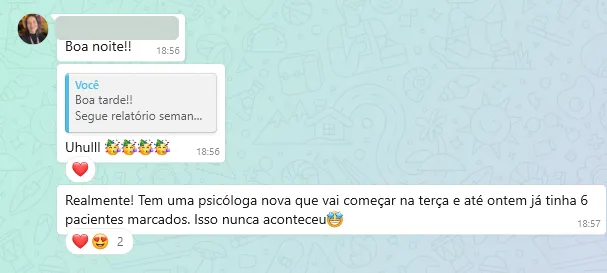 Conversa de WhatsApp em que Natália Tavares conta que uma psicóloga nova já tinha seis pacientes marcados antes de começar.